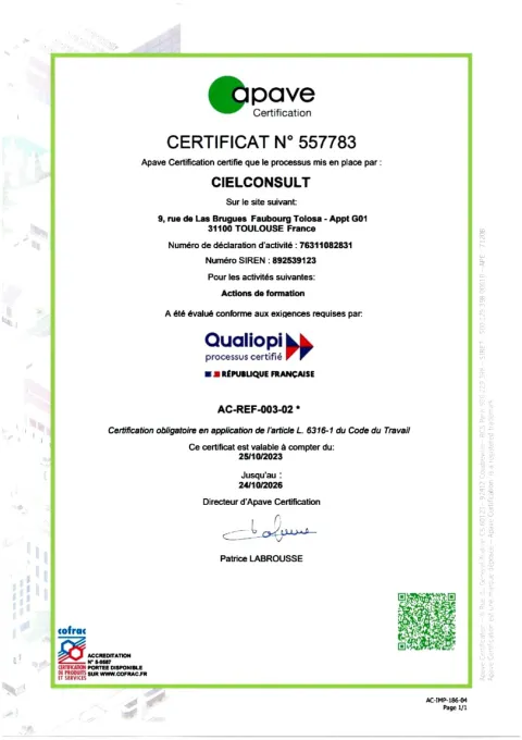 Certificat Qualiopi délivré par Apave Certification à CIELCONSULT pour les actions de formation