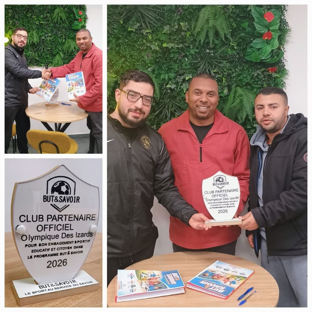 Partenariat BUT & SAVOIR avec le Club Olympique Des Izards : poignée de main, remise de la plaque « Club partenaire officiel » 2026 et livrets du programme