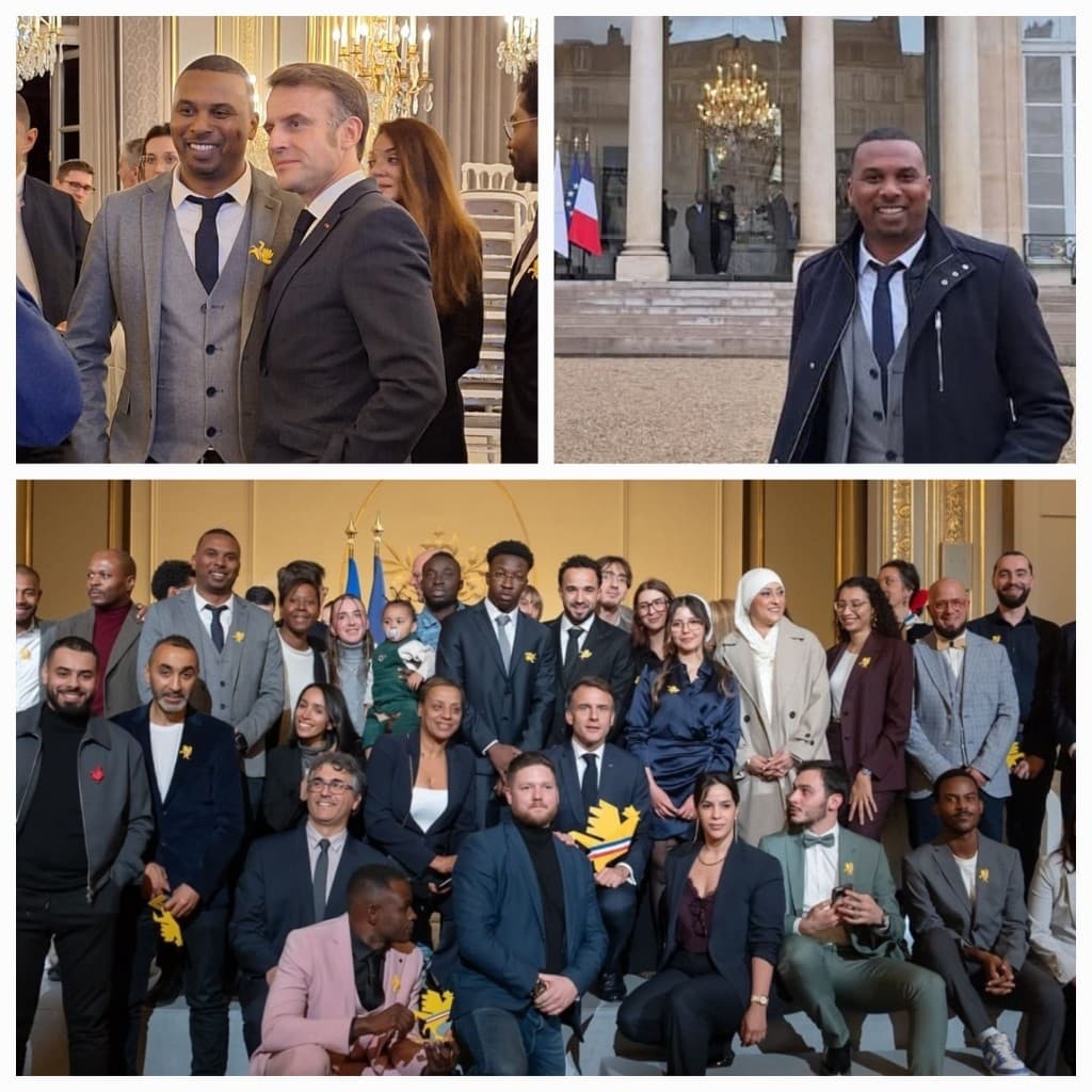 Talents des Cités à l’Élysée : collage — lauréat avec le Président de la République, portrait devant le palais et photo de groupe des lauréats