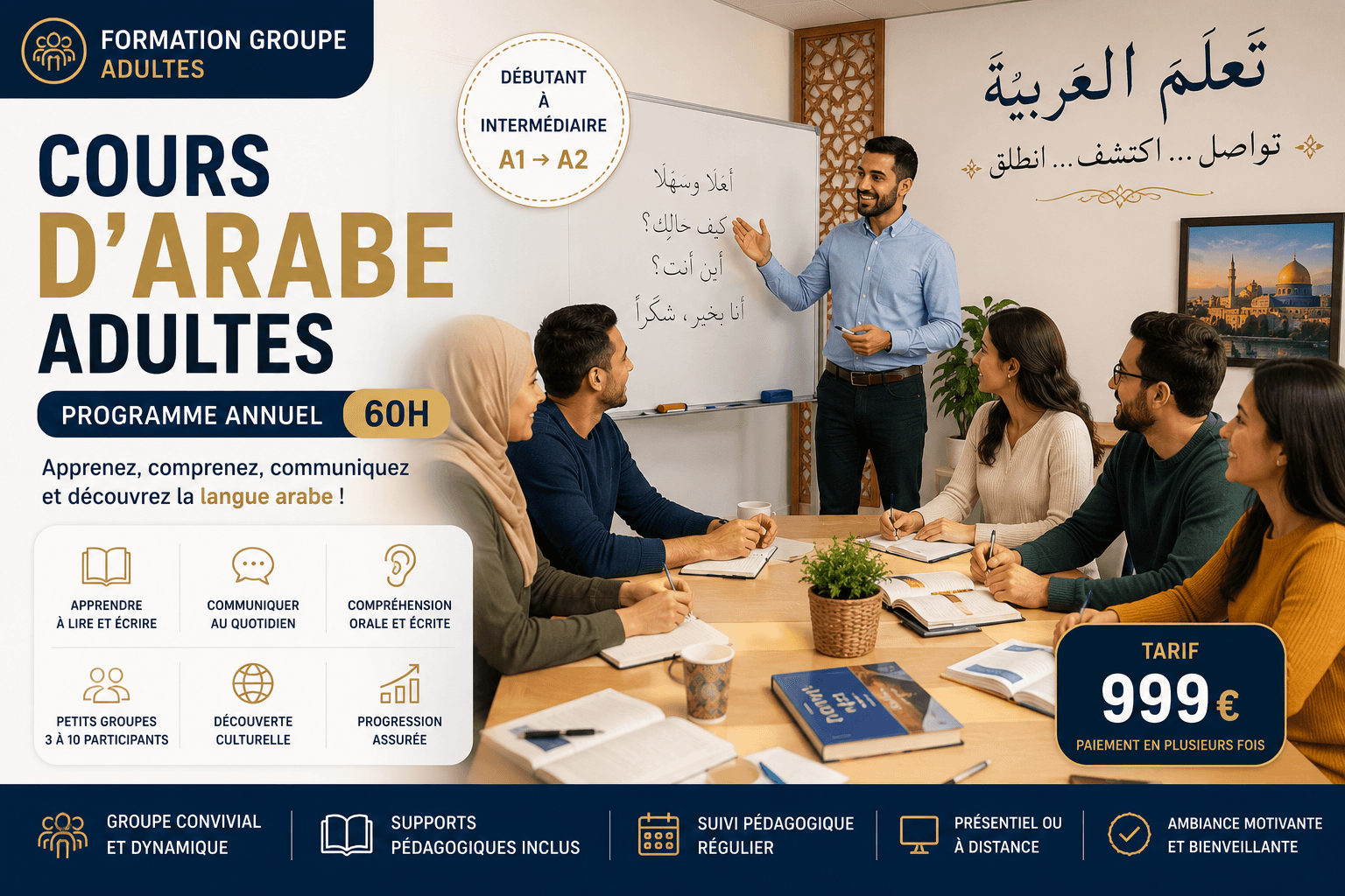 Illustration : Cours d’Arabe Adultes – Programme Annuel 60h (Groupe)